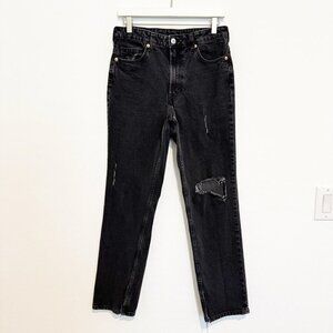 H&M Denim Vintage Straight Leg High Waist Distressed Jeans Faded Black Size 8